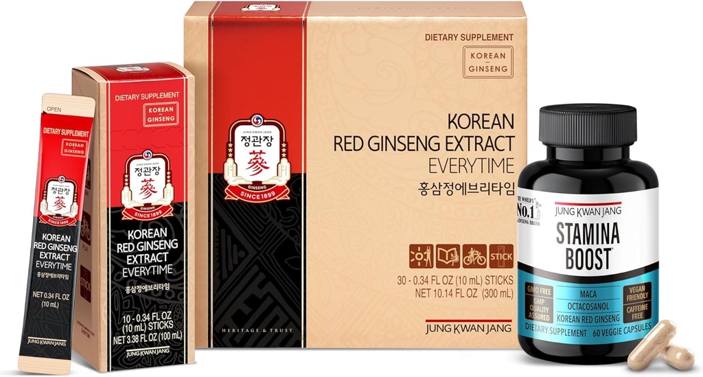 JUNG KWAN JANG Coreano Panax Ginseng Energy Bundle - Estrarre ogni volta 3000mg Sticks (30 conte) & Stamina Boost uomo per vitalità quotidiana (60 capsule)