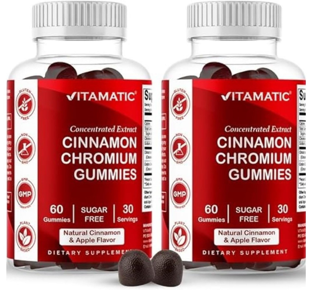 Gummie di cromo senza zucchero Vitamatic con cannella di Ceylon – 2000 mg Equivalent Per Serving (da estrarre 83 mg) – Non OGM, Gluten-Free – 60 Vegan Gummies – 2 Pack