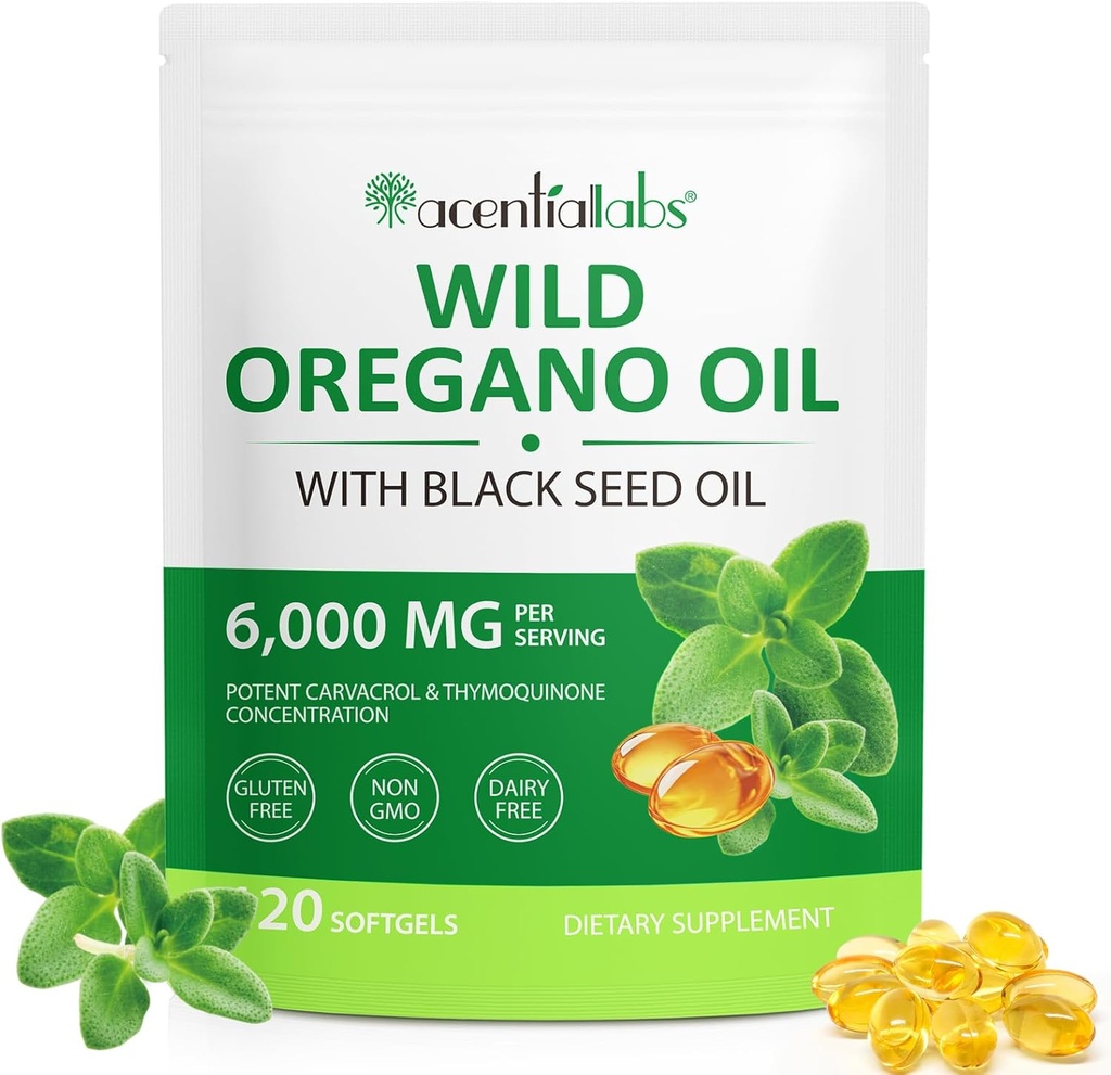 Acorn + Olio di quercia di origano Softgels con olio di semi neri,2 in 1 formulato capsule di olio di origano organico per vitamina Buon supplemento e supporto immunitario 120 Contenitore- Facile da ingoiare