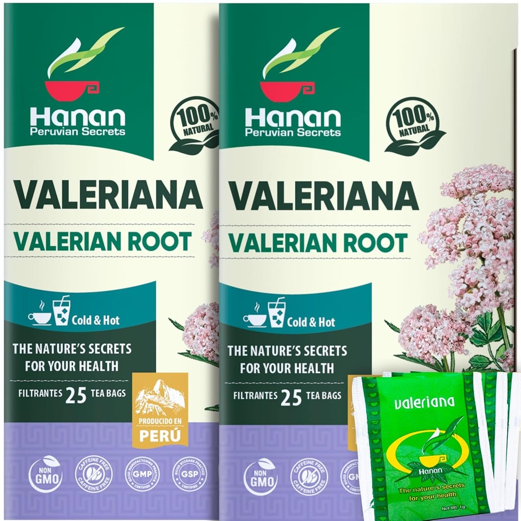 Hanan Valerian Root Tea for Bedtime (50 Bags) - Te de Valeriana, Herbal Calming Night Tea - 100% Pure, Caffeine-Free, Non-OGM, Herb from Peru - Confezione da 2 Boxe