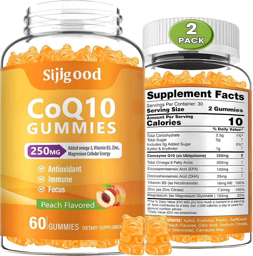 2 Pack CoQ10 Gummies, Plus Omega-3, Vitamina B3 e Zinco, Magnesio, 5X High Absorption Coenzyme Q10 Integratori, q10 per Boost Cellular Energy, Potente Antiossidante & Cervello, Peach Flavor, 120 Ct