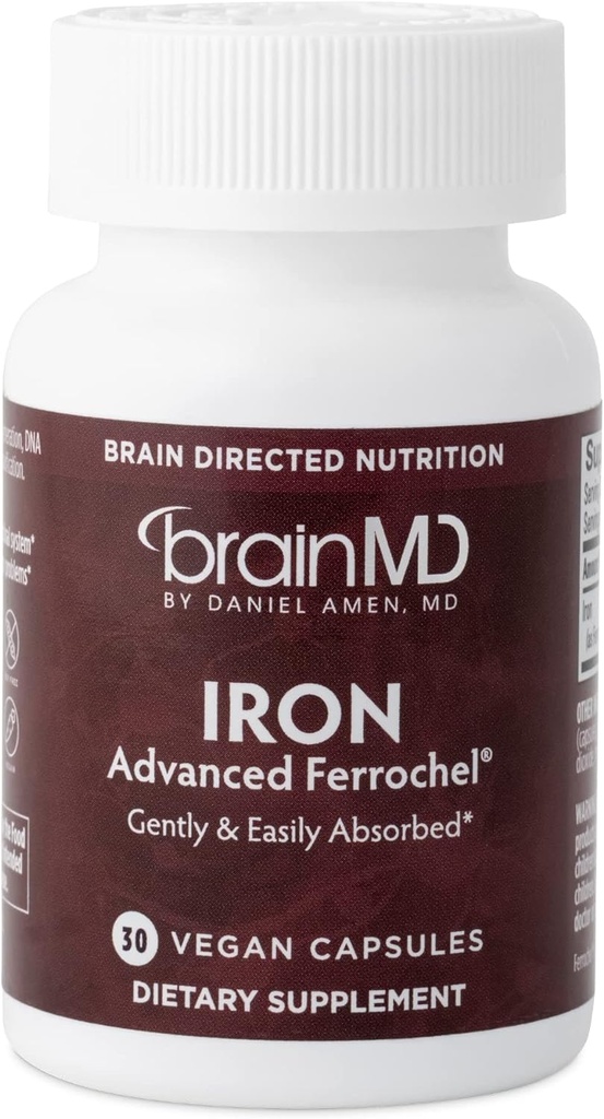 BRAINMD Dr Amen Iron - 30 capsule - Supporta la produzione di energia, la funzione cognitiva e il regolamento del gene - Gentle & facilmente assorbito - Gluten Free - 30 Serve