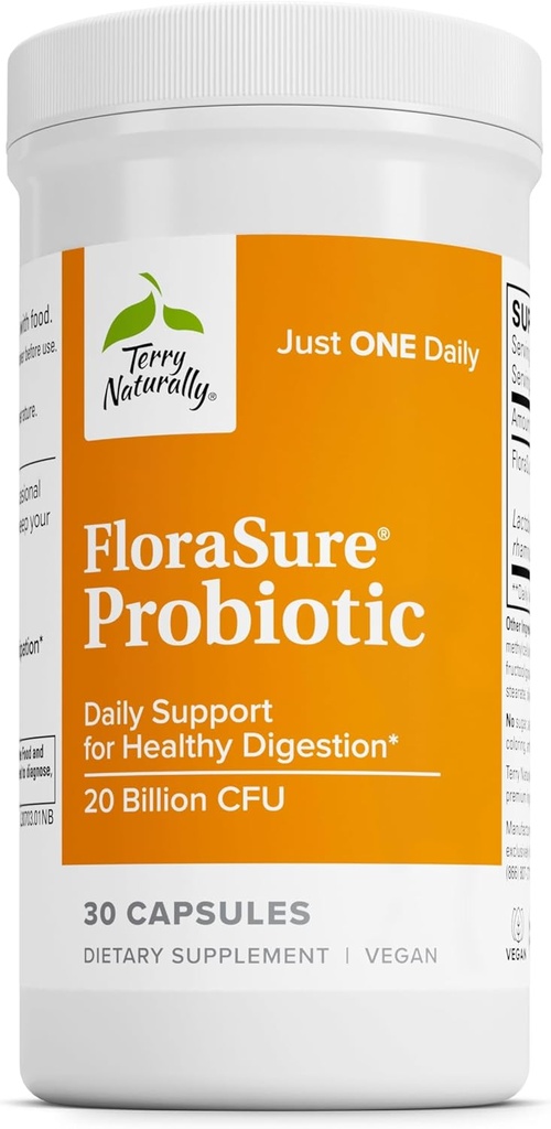 Terry Naturally FloraSure Probiotic - Supplemento di digestione agli aiuti contro occasionali Bloating & Support Gas Relief - Gut Health Support Supplement con Bifidobacterium Bifidum - 30 capsule