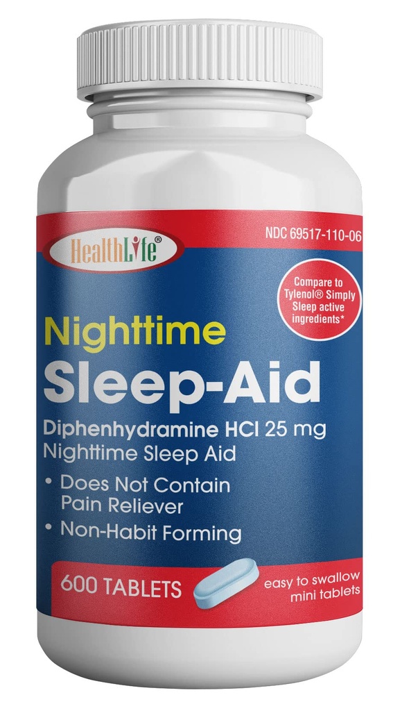 HealthPharma Nighttime Sleep-Aid, Difenidramina HCL Caplets, 25 mg (blu), 600 Conte