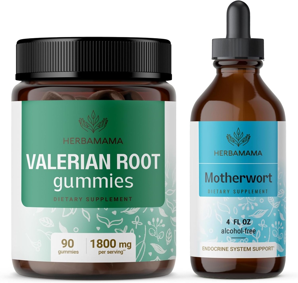 HERBAMAMA Kit Valerian e Motherwort - Bundle di 1800 mg Valerian Root Gummies & Motherwort Liquid Drops - Vegan, Non OGM, Gelatin & Alcohol-Free - 2 Pack