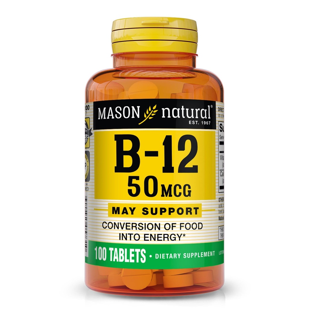 MASON Vitamina NATURAL B12 50 mcg con calcio, alimentazione da 100 giorni, supplemento dietetico per sostenere i livelli di energia naturale, 100 compresse (pacchetto di 1)