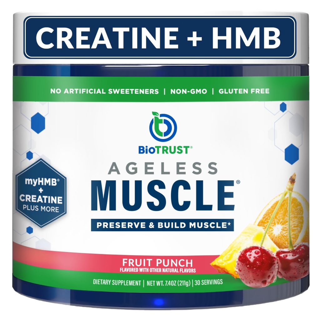 BioTrust Ageless Muscle Builder - Creatina HMB Polvere con vitamina D3 & Betaine - Costruire & Preserve Naturally Declining Muscle Mass & Strength - Fruit Punch, 30 Servings