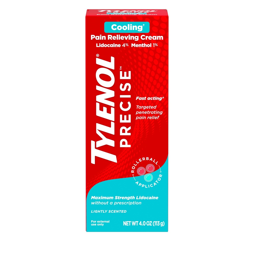 Tylenol Precise Crema Numbing Raffreddamento, Massima resistenza 4% lidocaina & 1% mentolo analgesico superiore, Crema di Rilievo Del Dolore per Indietro, Muscolo e Giunto, Applicatore di Rollerball, Veloce-azione, Profumo leggero, 4 oz