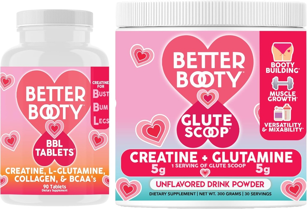 Angry Supplements Better Booty Women's Creatine Combo: BBL Tablets (90ct) w. Creatina, Glutamina, BCAA's, Collagen + Glute Scoop Creatine & Glutamine Bevande non aromatizzate Mix