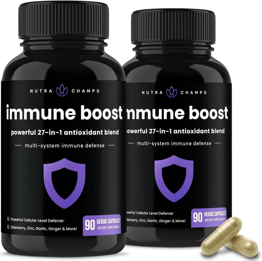 NutraChamps 27 in 1 Integratore di Supporto Immune, 90 capsule di difesa Immune, 1000 mg di vitamina C, 5000 IU D3, Elderberry, Zinco, 1 miliardo di CFU Probiotics & More (Pack of 2)