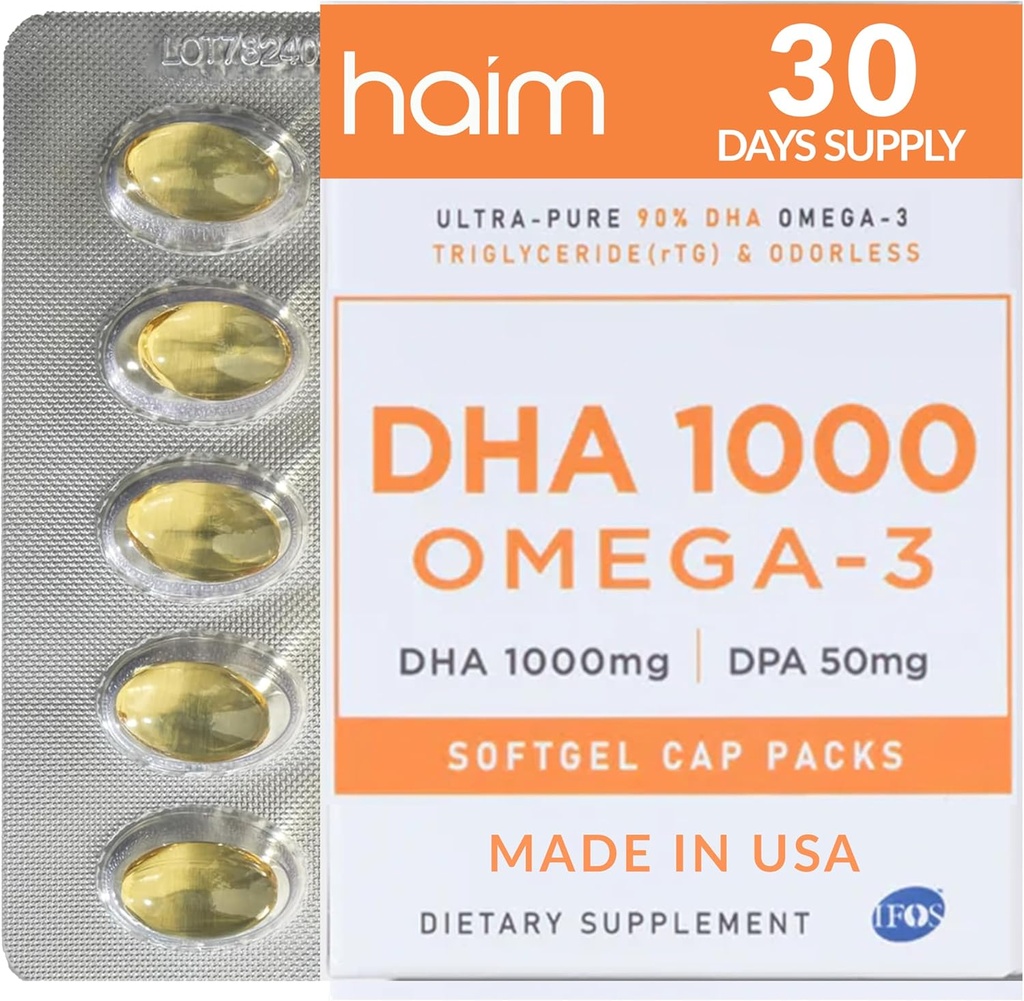 HAIM DHA 1000 Omega-3 Fish Oil - 90% purezza con 1000mg DHA, 50mg DPA - Integratore di olio di pesce ad alta potenza per il cervello, occhio e supporto cardiaco - promuove il benessere generale & messa a fuoco - 1 scatola, 60 Softgels