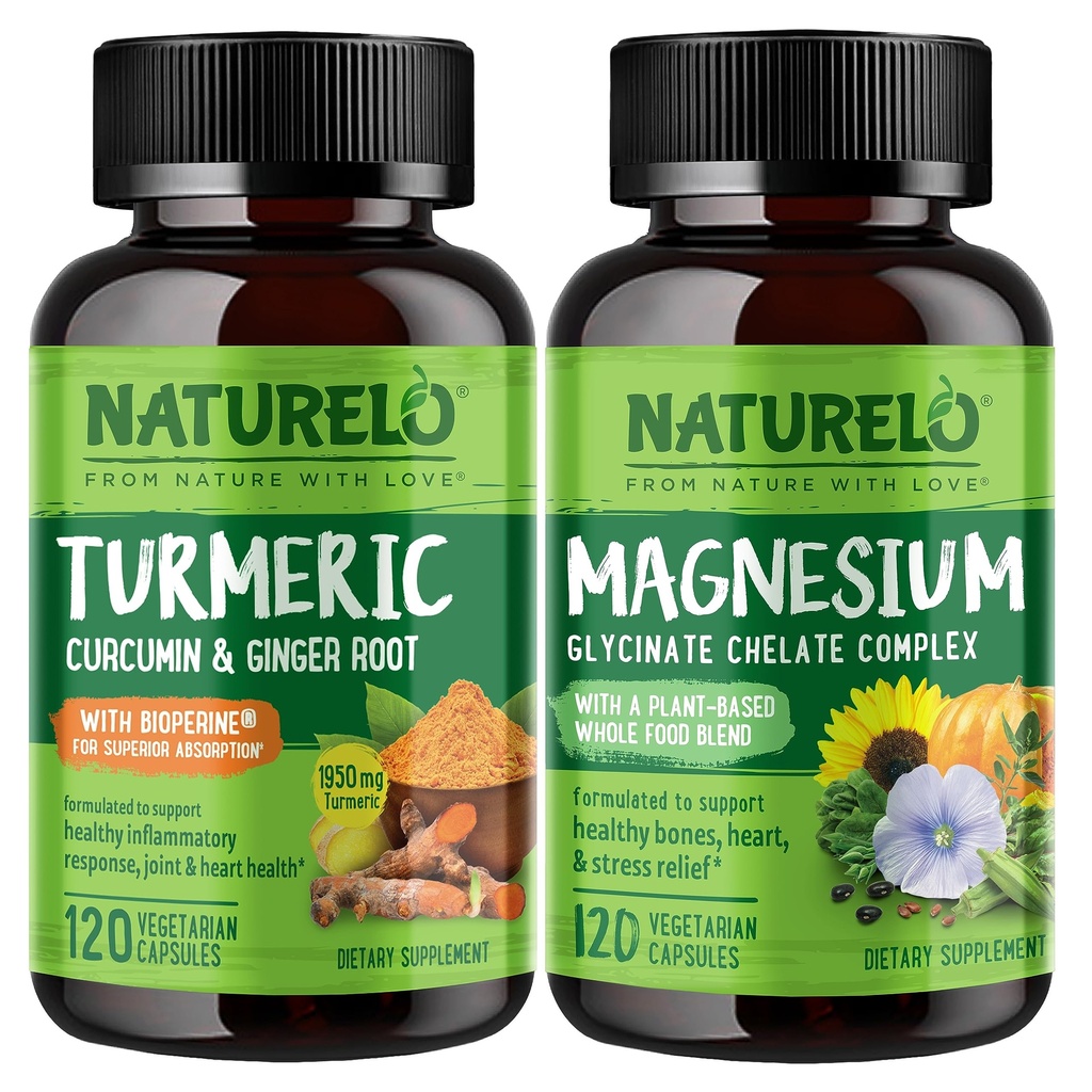 NATURELO Curcumina Tumerica, Supporto congiunto a base vegetale, Magnesio Glycinate, 200 mg Magnesio - Gluten Free, Non OGM - 120 capsule