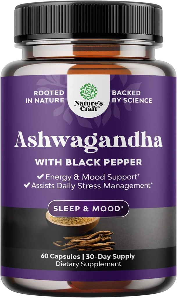 Polvere di radice di Ashwagandha organica 60 capsule - Ashwagandha con gli integratori di polvere di estratto di pepe nero per il relax, sonno e sostegno immunitario per le donne e gli uomini - Integratori di radice di Whitania organica Somnifera
