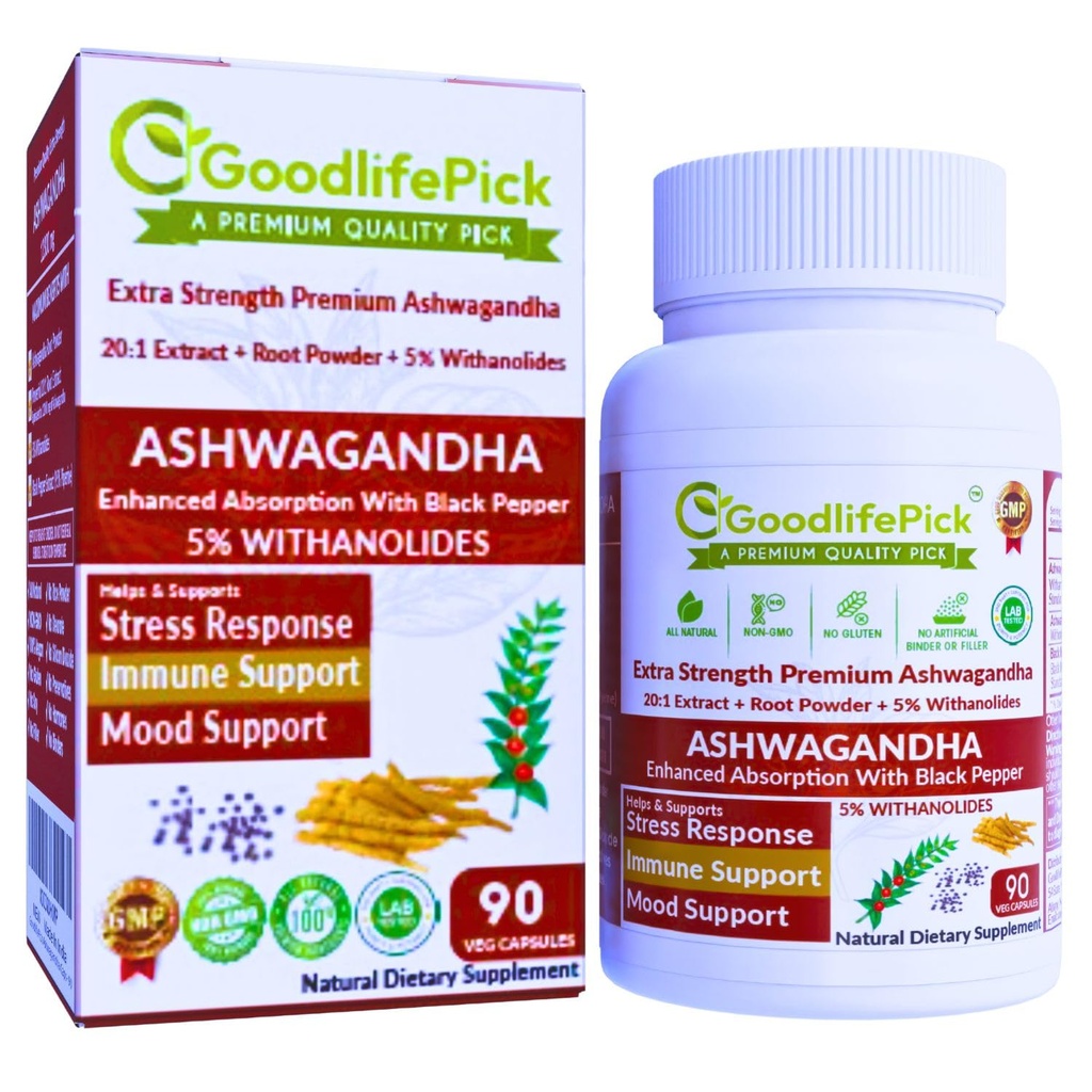 Premium Ashwagandha capsule con pepe nero. Potente 5% di Wthanolides da polvere di Ashwagandha & 20:1 estratto 90 ct. naturale non OGM NO polvere di riso
