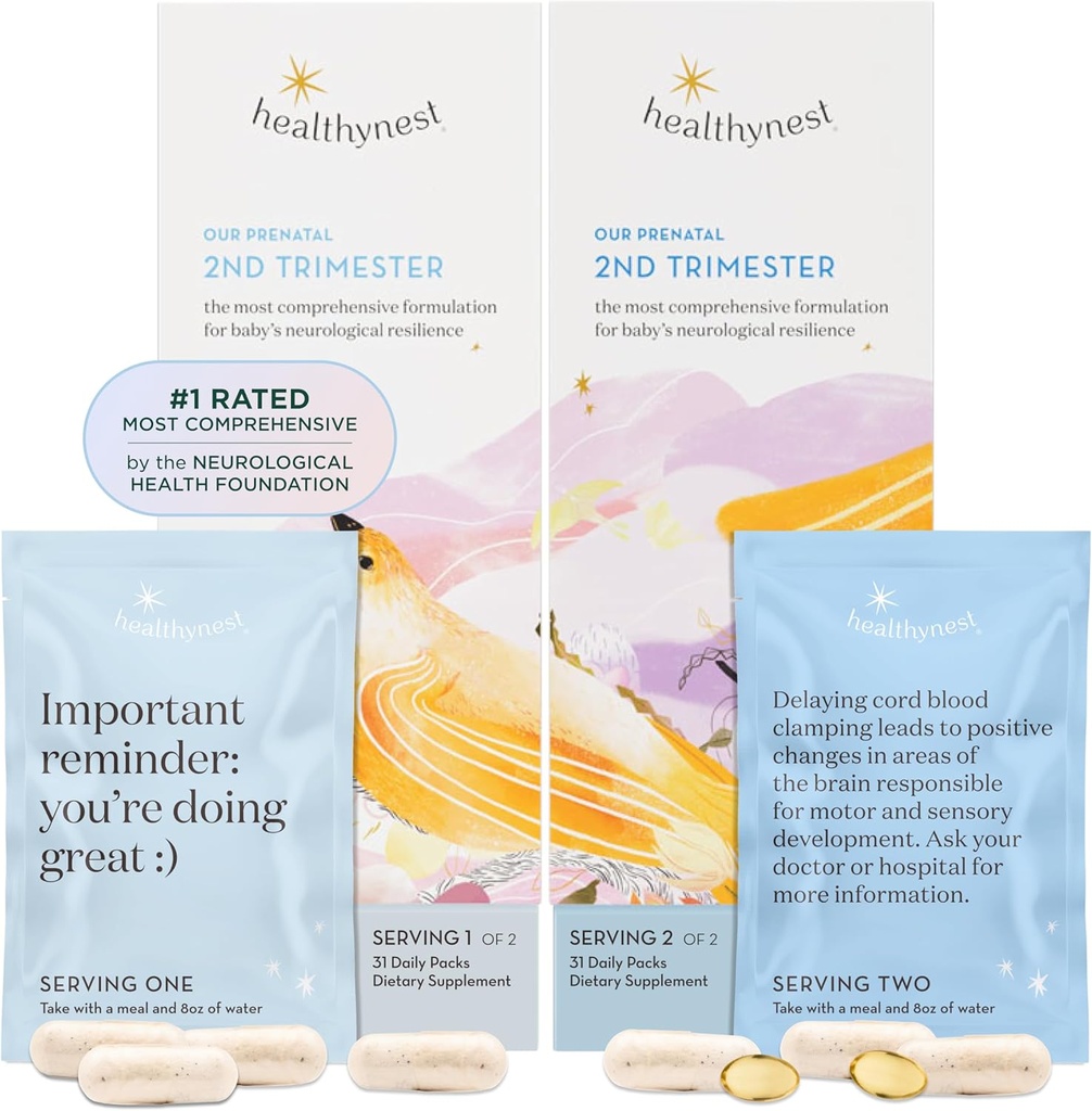 Vitamina Prenatale HealthyNest 2nd Trimester | Supporto per lo sviluppo del cervello fetale con Methylfolate, Choline, DHA, ferro, inositolo | 31 giorni di alimentazione
