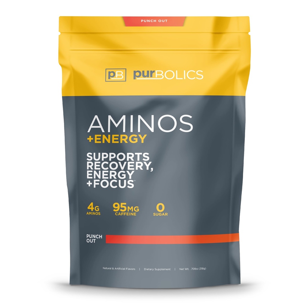 Purbolics Aminos + Energy | Supports Recovery, Energy & Focus | 95mg di Caffeina, 0 Sugar & 60 Servings (Punch Out)