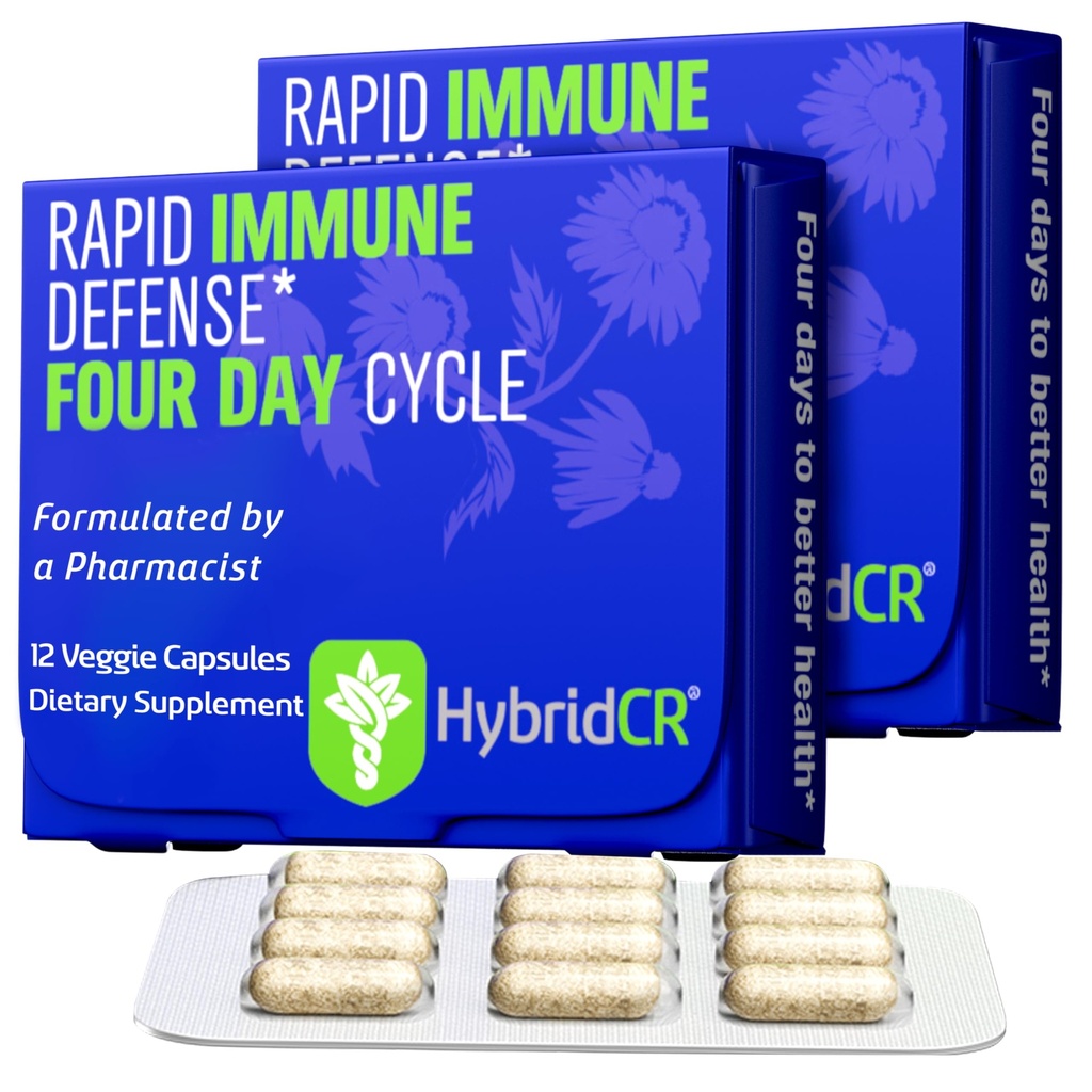 HybridCR Rapid Immune Support Supplemento – Supplemento 4 giorni di immunità - Booster di difesa immunitaria con Echinacea, Ginseng, Andrographis, Zinco, Selenio – Supporto di sistema di dimensioni di viaggio – 24 Caps, 2 Dose Packs