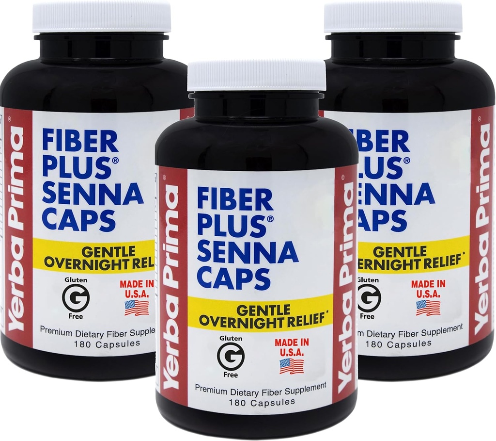 Yerba Prima Fiber Plus Senna Capsules, 180 Count (3 Pack) - Gentle Overnight Relief, USA Made, Non-GMO, Senza glutine