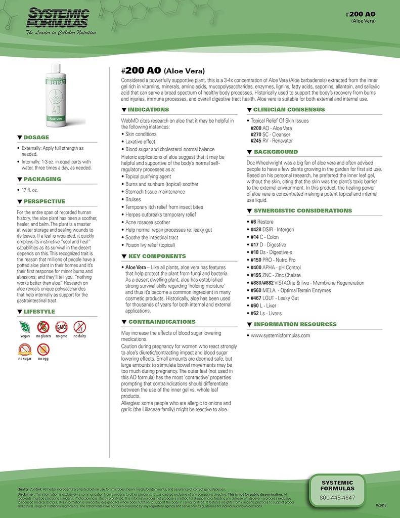 Formula sistemica Aloe Vera #200-16 oz Grado Premium per la salute e il benessere digestivo - Pure Aloe Vera Extract