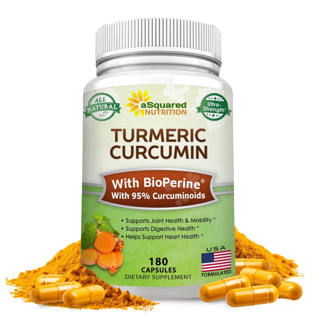 aSquared Nutrition Curcumin Turmeric 1300mg con BioPerine Black Pepper Extract - 180 Capsules - con 95% Curcuminoids, 100% Natural Tumeric Root Powder Supplements, Pure & Joint Stiffness Pills