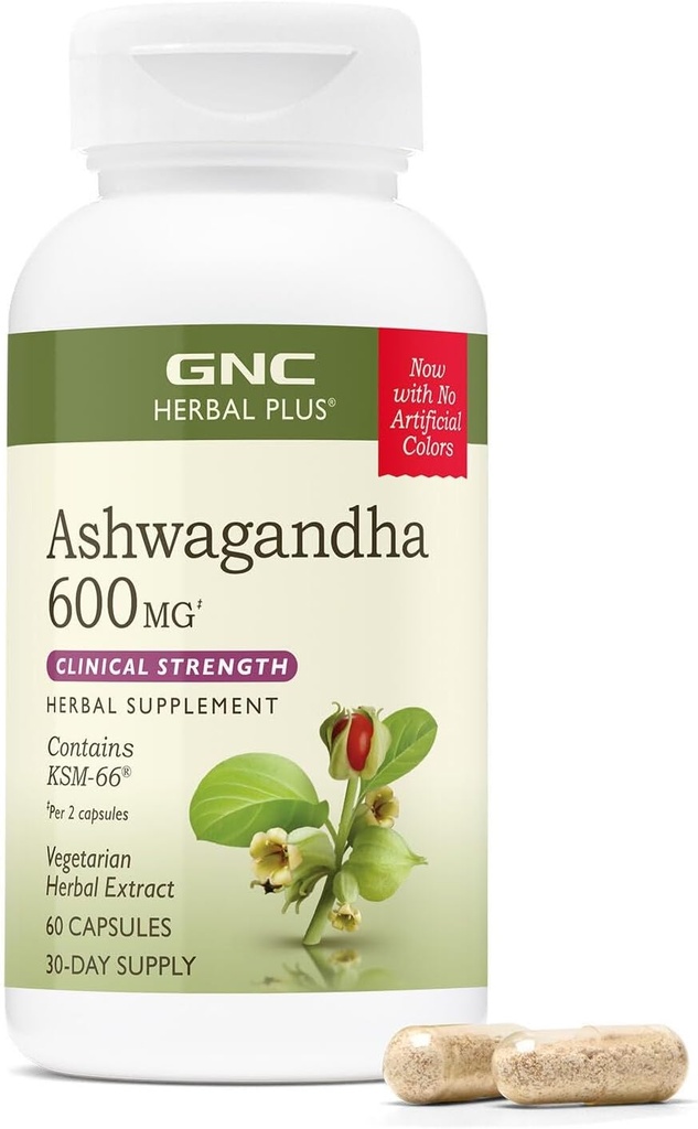 GNC Herbal Plus Ashwagandha 600mg supplemento, resistenza clinica, vegetariano, supporto di stress, 30 Serve