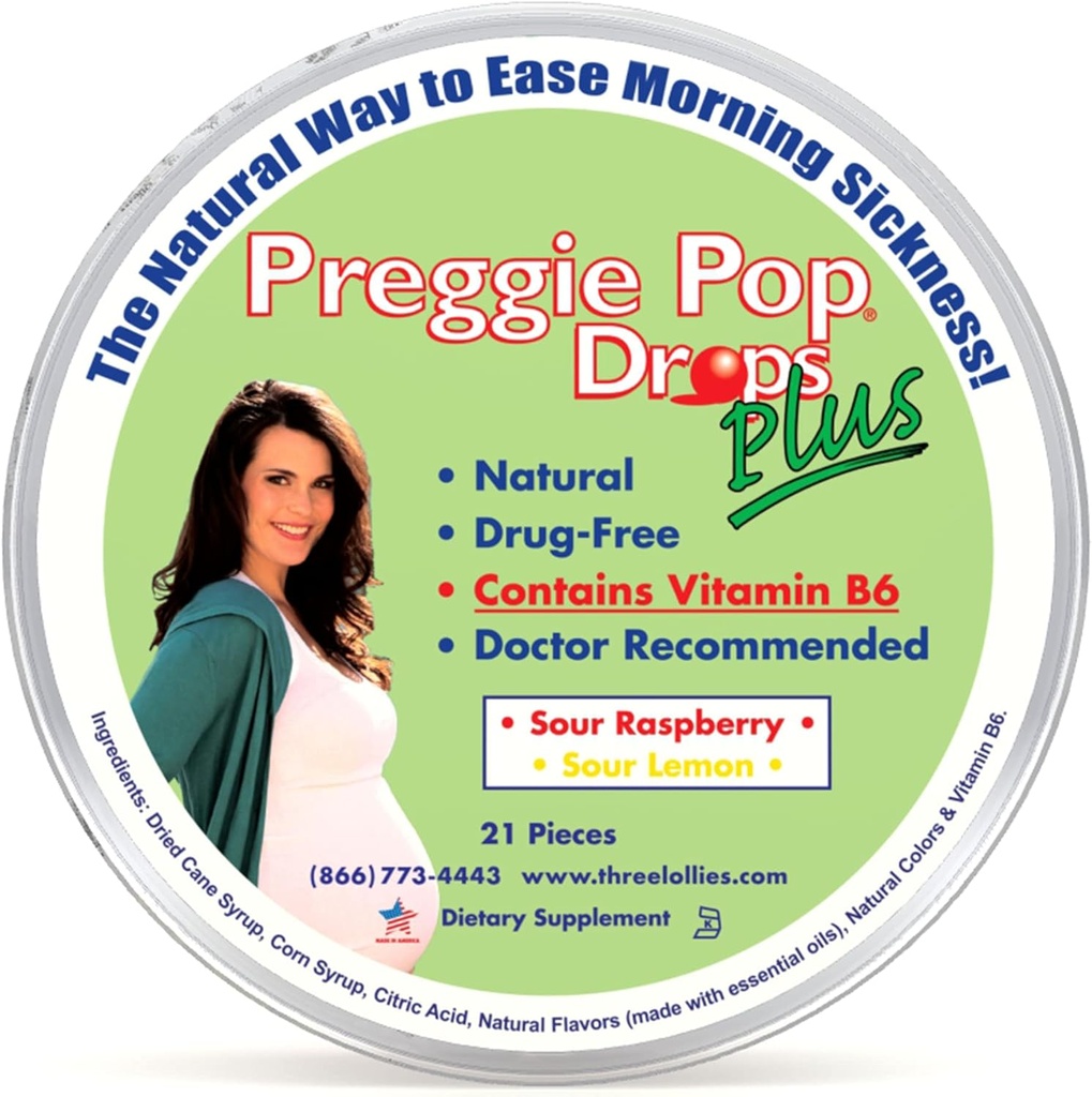 Preggie Pop Drops Plus | 21 gocce | Vitamina B6 per Morning Sickness & Nausea Relief durante la gravidanza | Sicuro per mamma incinta & Baby | Gluten Free | Due aromi: Lemon & Raspberry