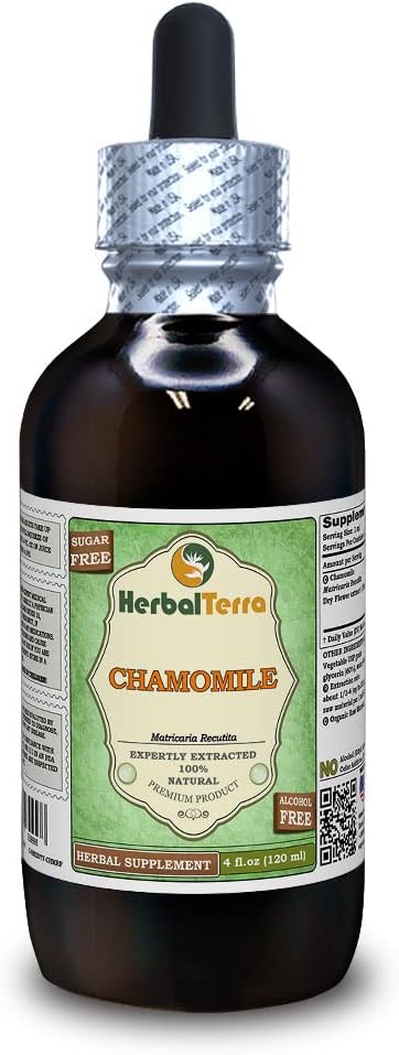 Camomilla (Matricaria Recutita) Glycerite, Organic Dried Flowers Alcohol-Free Liquid Extract (Nome: HerbalTerra, Proudly Made in USA) 4 fl.oz (120 ml)