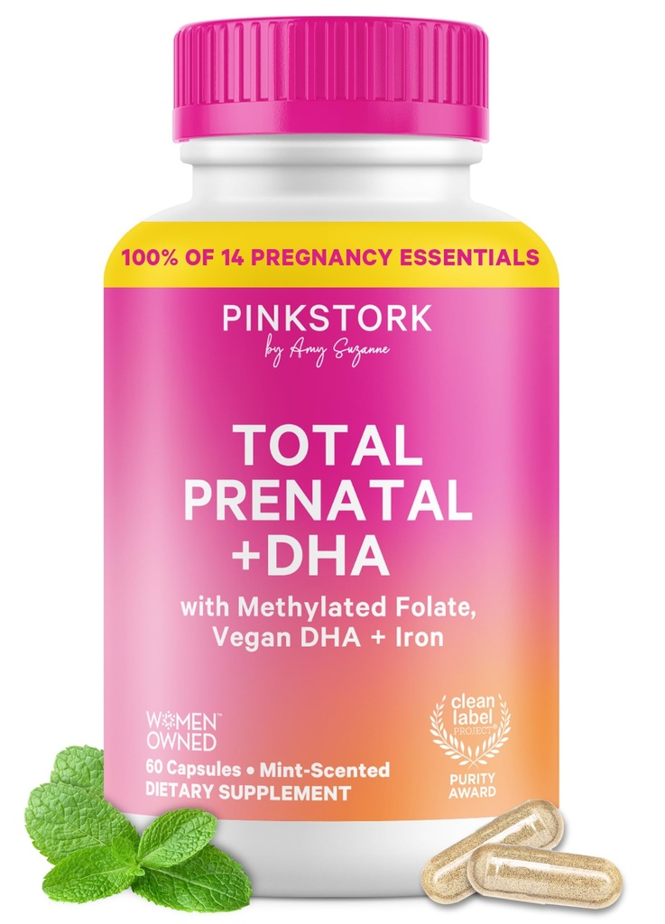 Rosa Stork Totale Vitamine Prenatali con DHA, Folate, Ferro da stiro, Cholina e Vitamina B12 - Preconcezione Nutrizione - Prenatali per Donne, Pregnancy Essentials - Mint Essence, 60 Capsule, 1 Mese di Alimentazione