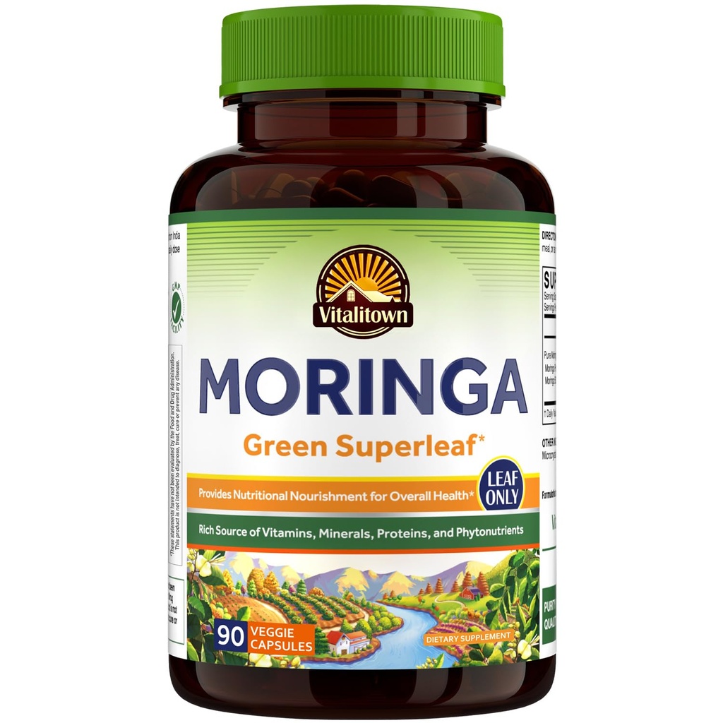 Vitalitown Moringa Capsule 11.000 MG, Pure Moringa Oleifera Leaves, No Sticks, No Caffeina, Energia, Immune, 90 Capsule
