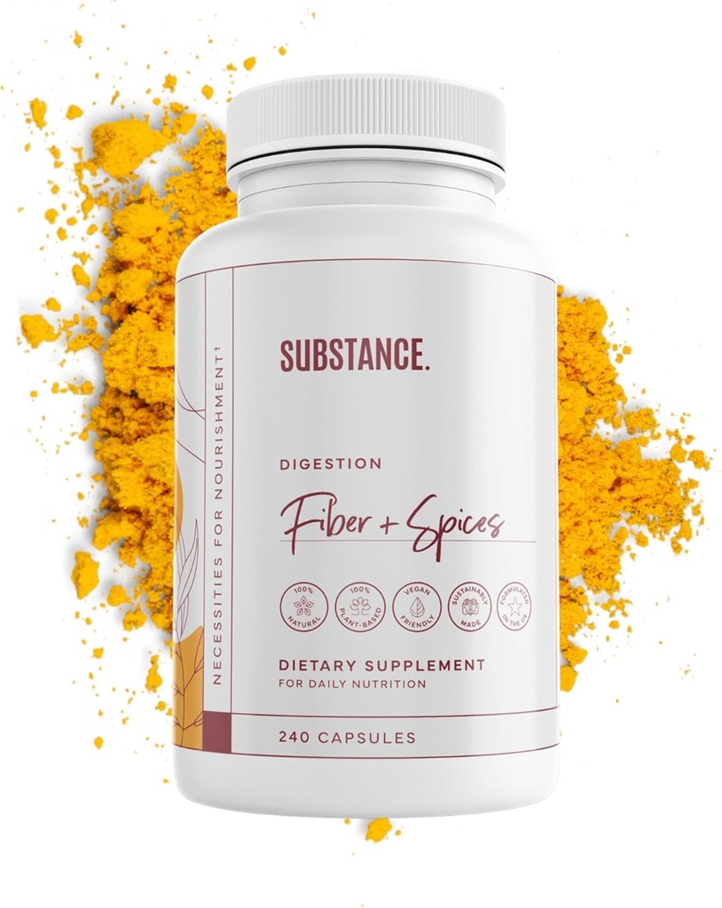 SUBSTANCE. - Natura Fiber & Spices per il benessere digestivo - Supporta la pulizia del colon - Formulato con Psyllium Husk, Flax Seed & Ginger - Integratore di fibre alimentari - Vegan-Friendly - 240 Capsule
