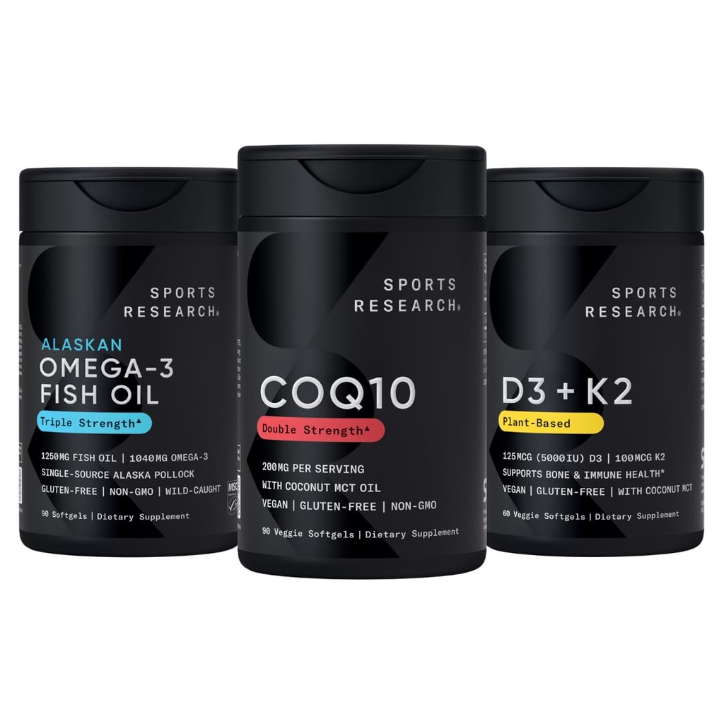 Ricerca sportiva 1250 mg Omega 3 Burpless Fish Oil da Single-Source Wild Alaskan Pollock, CoQ10 (200mg) Enhanced w/Coconut MCT Olio per migliore assorbimento e 5000iu vitamina D con 100mcg Mk7 vitamina K