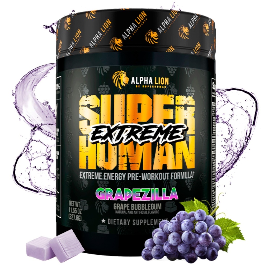 ALPHA LION Superhuman Extreme High Stim Pre Workout Powder, Beta Alanine, L-Taurine & 356mg Tri-Source Caffeina per l'Energia Sostenuta, Nitric Oxide & Citrulline per Pompa (21 Serve, Sapore di Uva)
