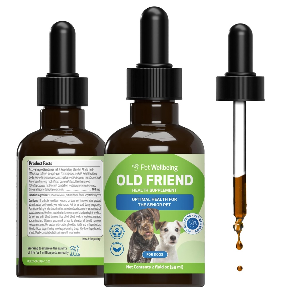 Benessere Pet vecchio amico per cani anziani - Supporta la salute del sistema immunitario, mobilità congiunta, livelli di energia sana, Alfalfa, Reishi - Veterinaria-Formulato Supplemento di erbe 2 oz (59 ml)