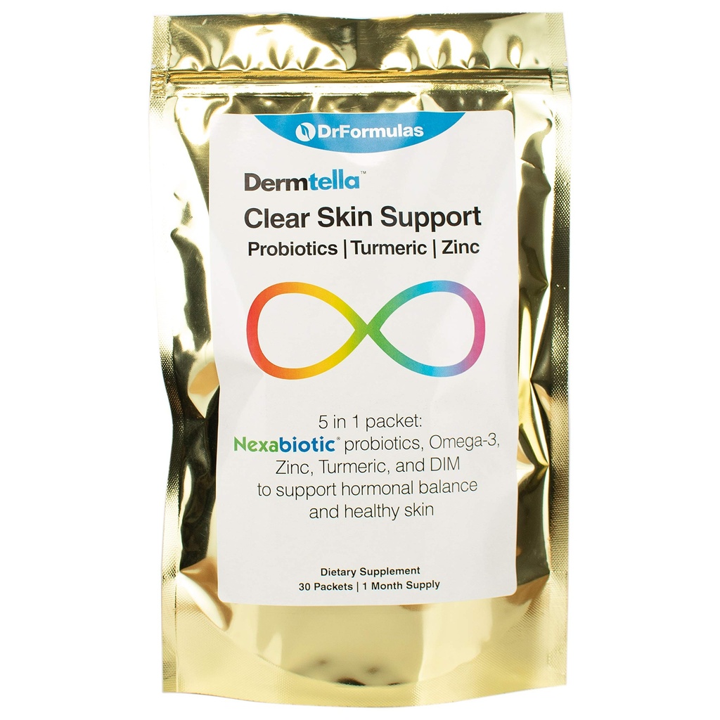 DrFormulas Dermtella Pacchetti di supporto della pelle trasparente | Pillole con zinco, Probiotici & DIM | Supplementi per le donne, adolescenti e uomini con nexabiotici probiotici, curcuma, olio di pesce, 1 mese di fornitura