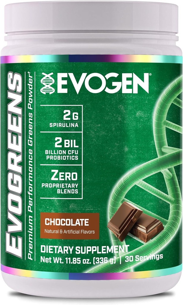 Evogen Evogreens | Premium Performance Greens Superfood, Spirulina, Melograno, Probiotici, Kale | 30 Servings (Chocolate, 30 Serve)