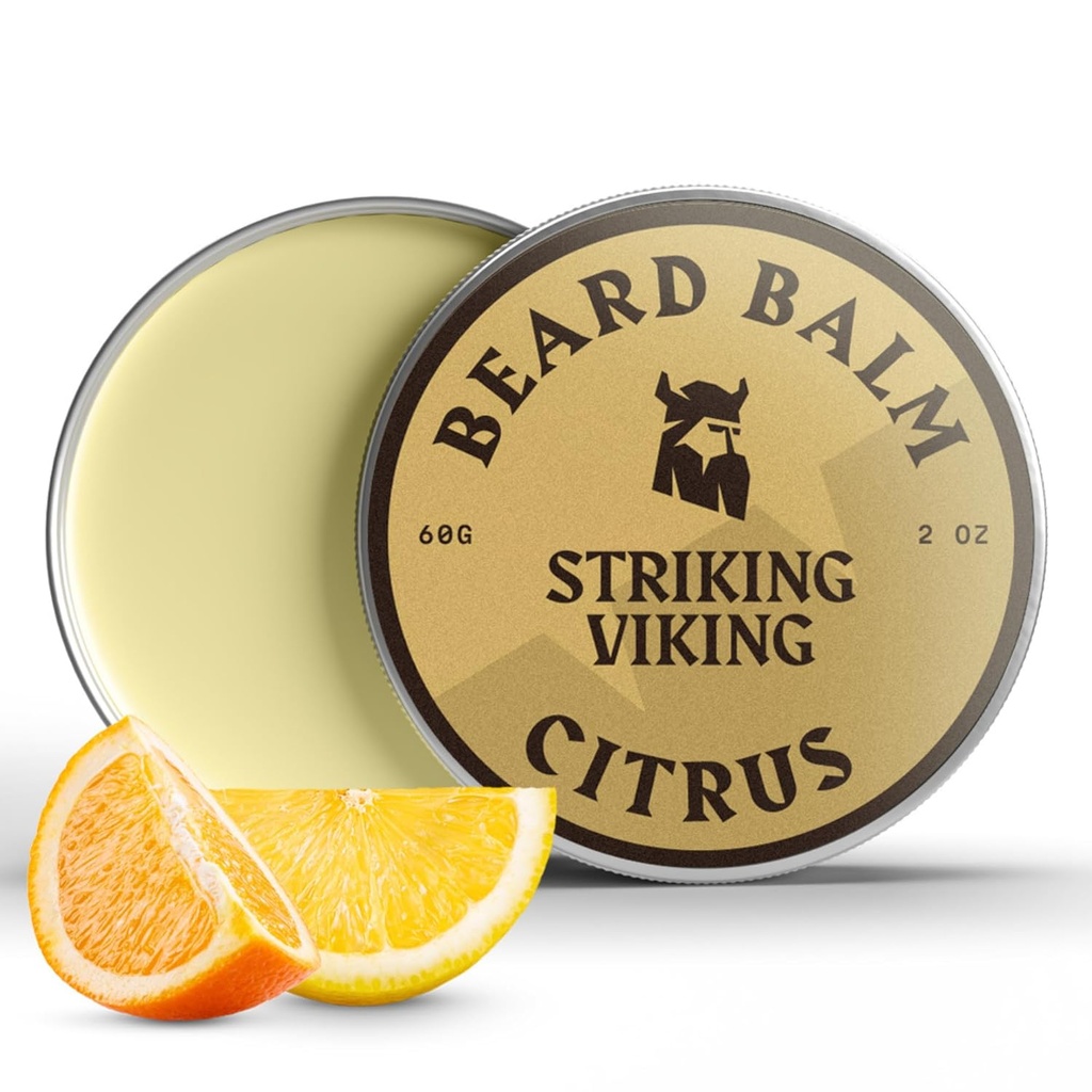 Balm Cuscinetto Vichingo Striking per gli uomini - Lasciare in Condizionatore di Cuscinetto - Balm di stiratura Realizzato con Butter di Beard Naturalmente Derived, Olio di Argan & Jojoba (2 Ounce (Pacchetto di 1), Citrus)