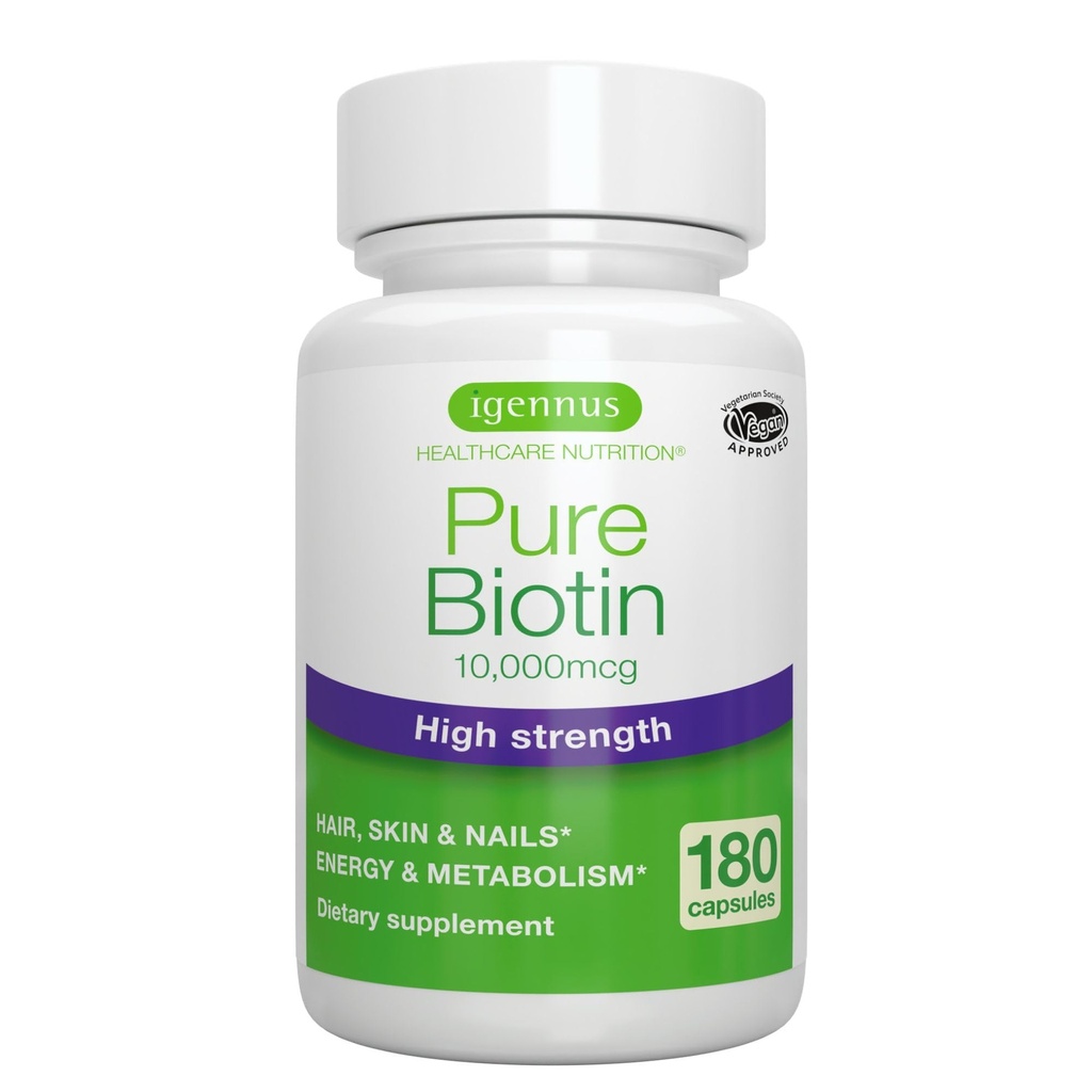 Igennus Clean Biotin 10.000mcg, Vitamina ad alta potenza B7, Lab verificato, Vegan, 1-a-Day, Piccole capsule facili da ingoiare, No After Taste or Smell, soluzioni anallergiche