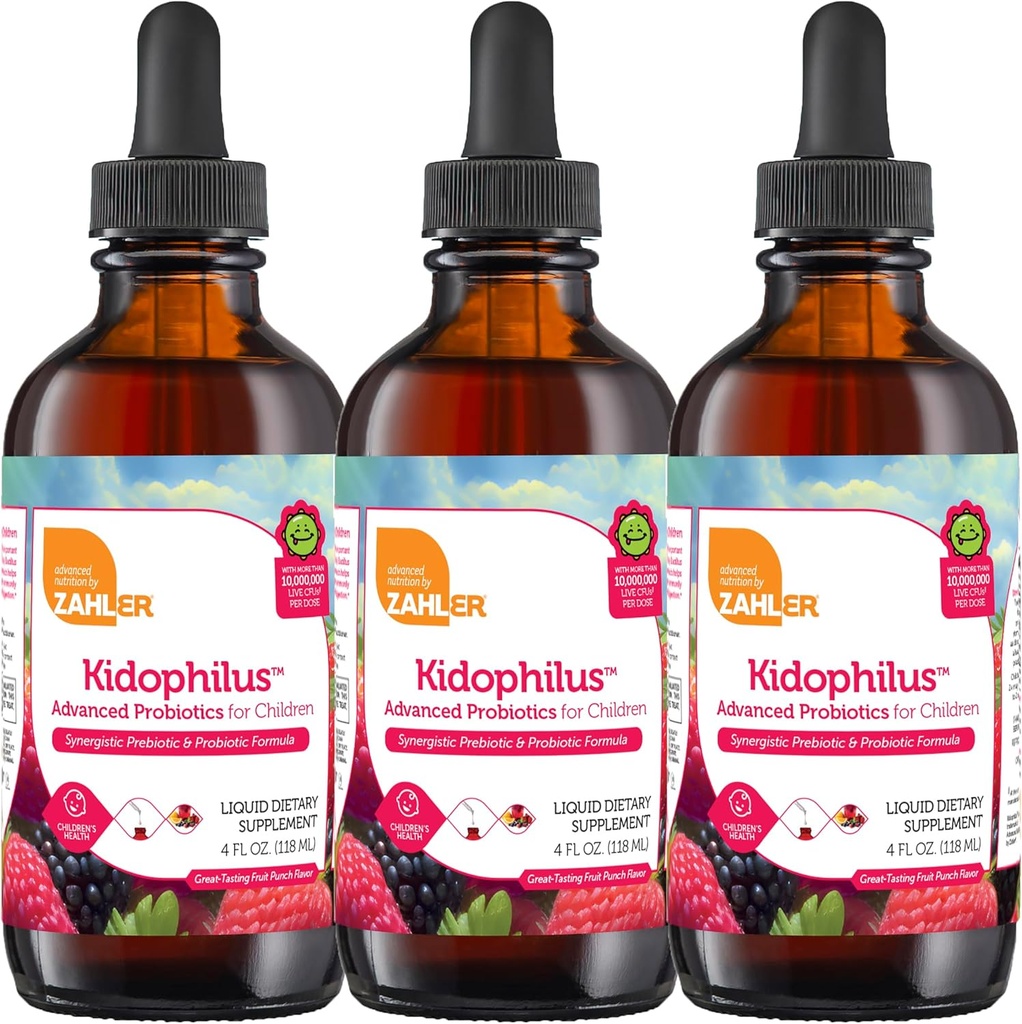 Zahler - Kidophilus Liquid Drops Probiotics for Kids (4 Fl Oz) Certified Kosher, per la digestione sana e supporto immunitario - Fruit Punch Flavored Children's Probiotic Drops Supplement (3 Pack)