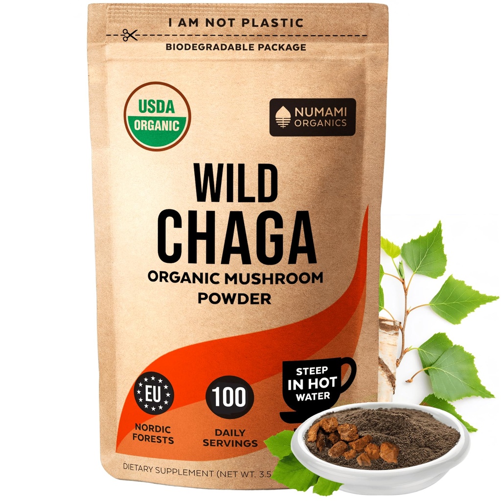 Polvere di funghi di Chaga organico - polvere fine per fare il tè Chaga per la difesa immunitaria e più energia, Chaga organico è coltivato selvatico e in modo sostenibile raccolto in Europa, certificata USDA Organic, 100 porzioni