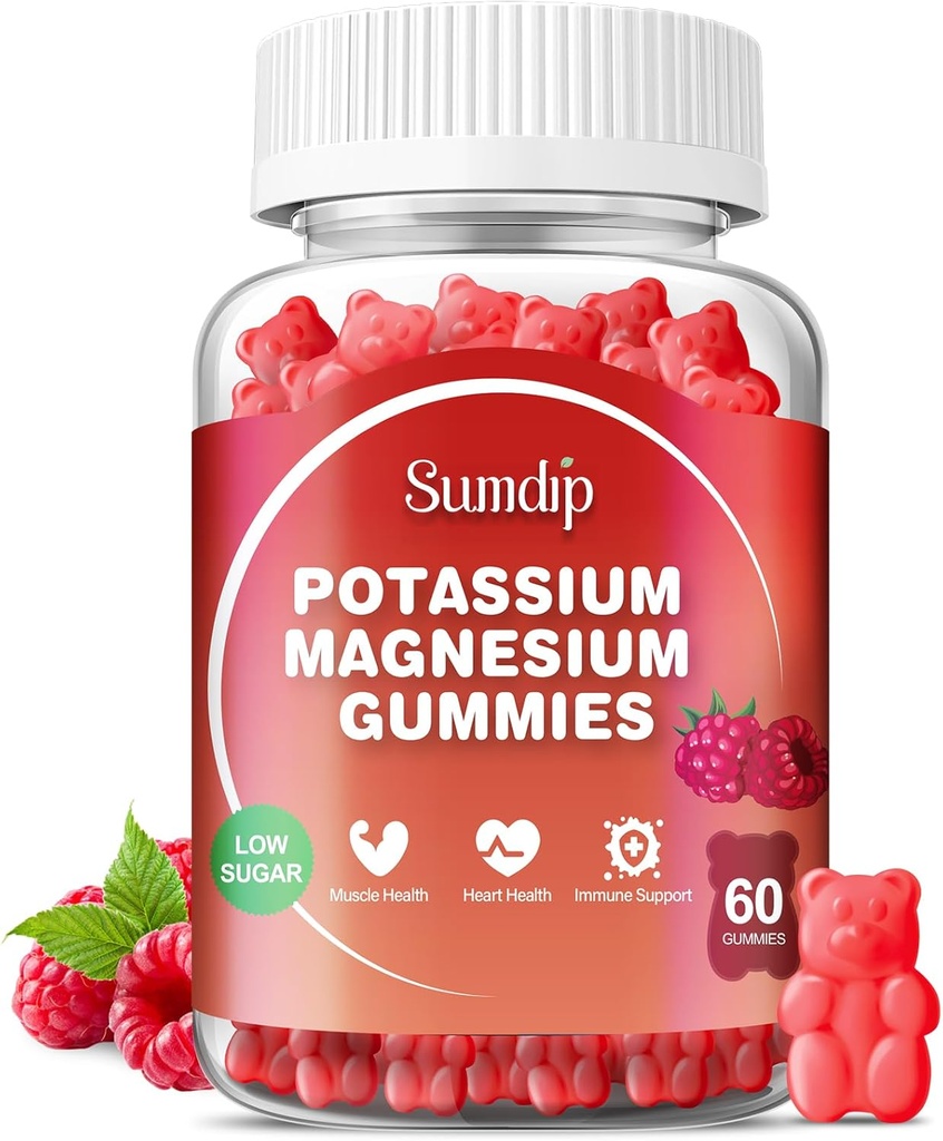 Potassio Magnesio Gummies Potassio Supplementi ad alto assorbimento Citrato di potassio Citrato di magnesio Citrato, Supporto Gambe Rilassamento muscolare per uomini e donne 60 Gummies, lampone