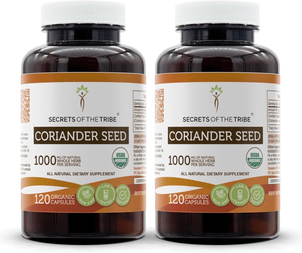 Segreti della Tribe Coriander Seed 120 capsule (2 pz.), 1000 mg, USDA Organic Coriander Seed Dried Seed (2x120 capsule)