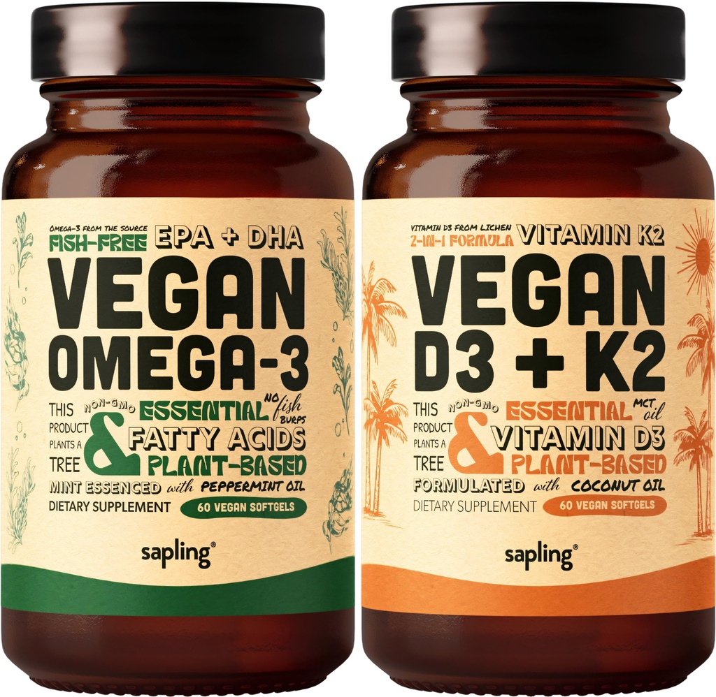 Vegan Omega 3 & Vegan Vitamina D3 + K2 Supplemento Bundle - DHA e EPA acidi grassi, 4000 IU Vitamin D3 e 100mcg Vitamina K2 come Mk7