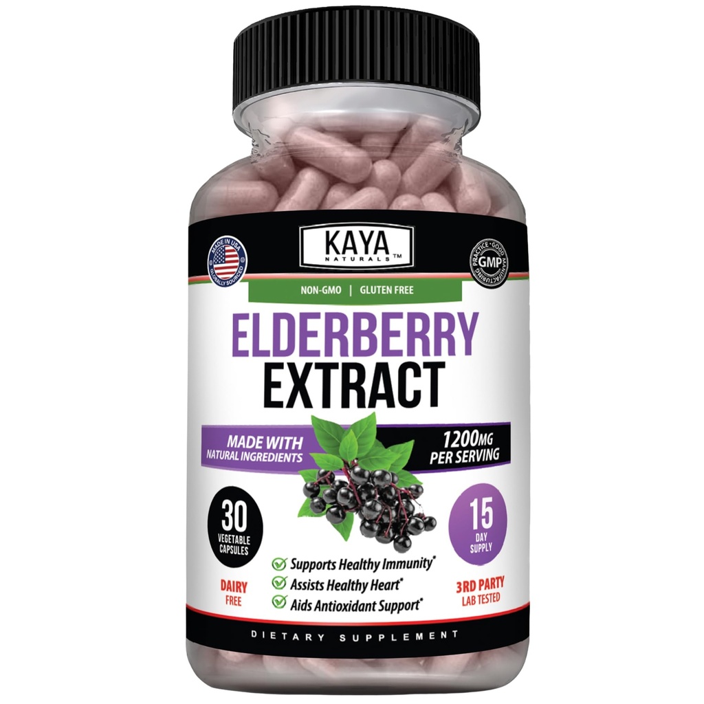 Kaya Naturals Elderberry Immune Support - Estratto di sambuco, Vitamine Premium Antiossidante Ricco, 1200mg Immune System Booster Sambucus Capsules - 30 Count