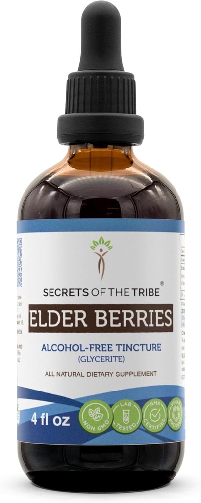 Segreti della Tribe Elder Berries Alcohol-Free Tincture (Glycerite) 678 mg Bacche Anziane (Sambucus Nigra) Berry Dried (4 Fl Oz)