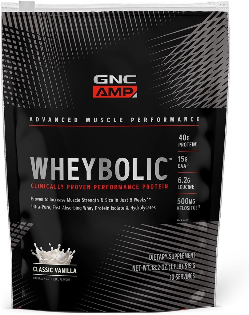 GNC AMP Wheybolic polvere proteica clinicamente provata, 40g proteine del siero, BCAA, leucina, aumenta la resistenza muscolare, costruzione del muscolo, 3 ° partito testato, senza glutine, Vaniglia classica, 10 porzioni