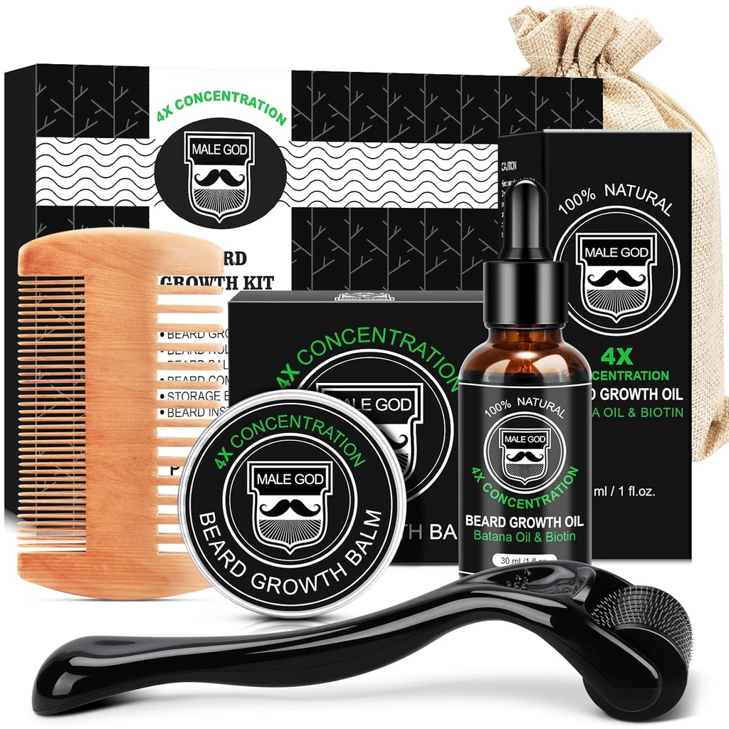 MALE GOD Beard Growth Kit, Beard Kit W/Beard Growth Oil, Beard Balm, Beard Comb, Massager per Spot/Patchy Beard, Regali di Natale per gli uomini Lui ragazzo marito