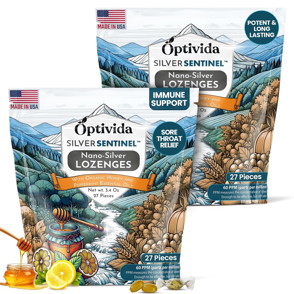Optivida Health Lozenges in Argento Colloidale con Olio di Miele & Limone (2 Pack) - Destinazioni Sore Sola Sola per Adulti con Rilievo di Tosse & Formula d'Argento di Nano Fast-Acting per Supporto Immune, 60 Ppm