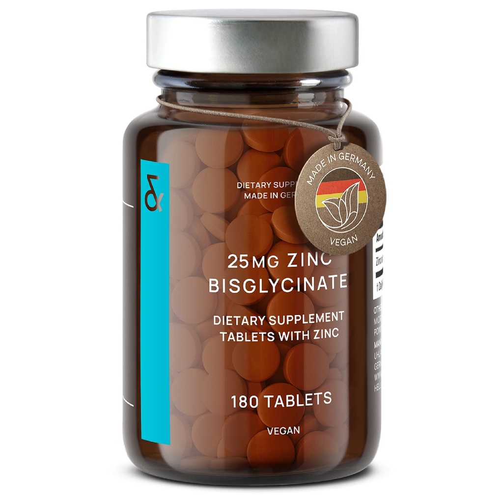 CLAV® Zinc Bisglycinate 25mg - 180 Compresse (6 mesi di fornitura) - Integratore di zinco naturale - Glicinato di zinco vegano per il supporto immunitario e della pelle