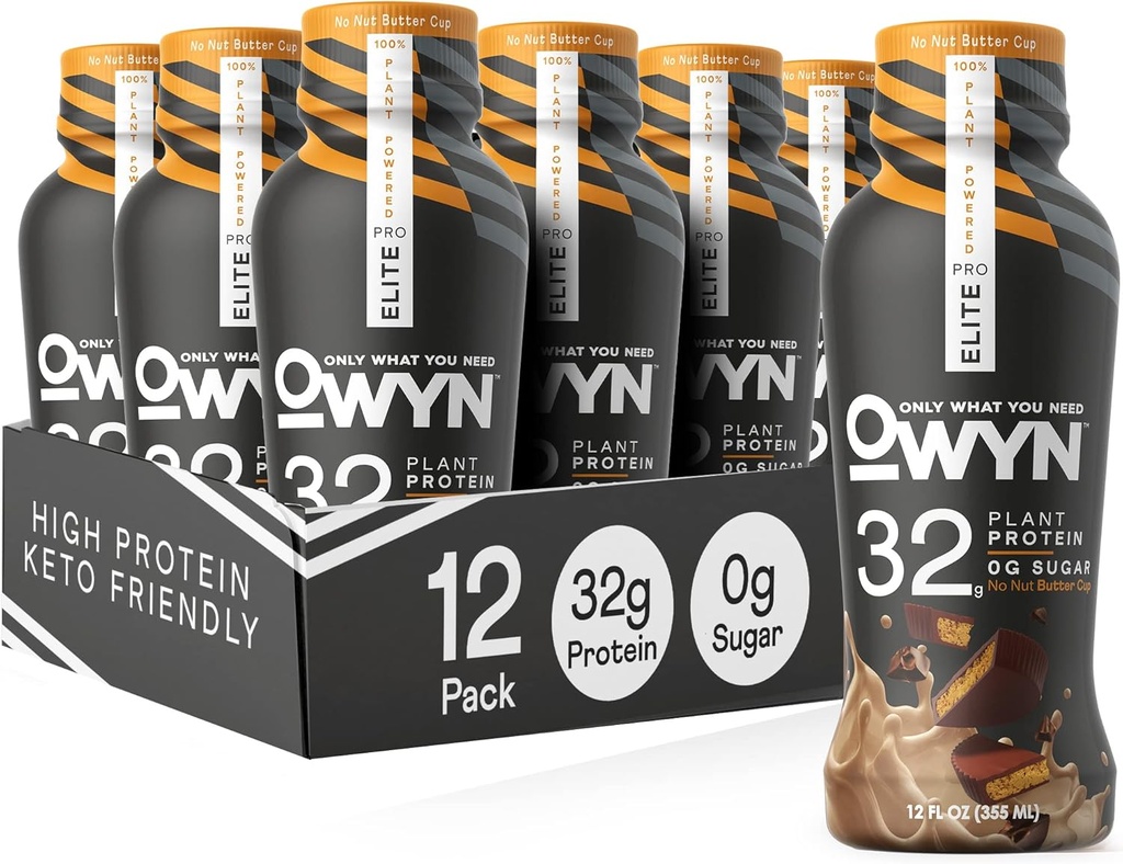 OWYN Solo quello che ti serve Pro Elite Vegan High Protein Keto Shake, 32g Protein, 12 Fl Oz (Pack of 12) e Pro Elite Vegan Plant-Based High Protein Keto Shake, No Nut Butter Cup, 32g Protein (Packaging May Vary)