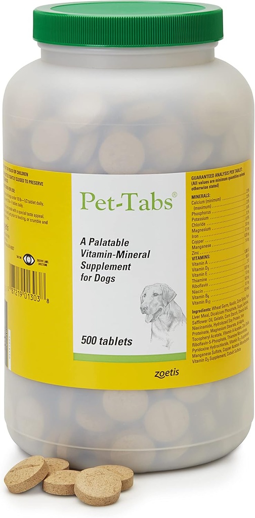 Pet-Tabs Multivitamina e Supplemento minerale per cani, Tablet masticabile, 500 Conte Bottiglia per Multidog Household